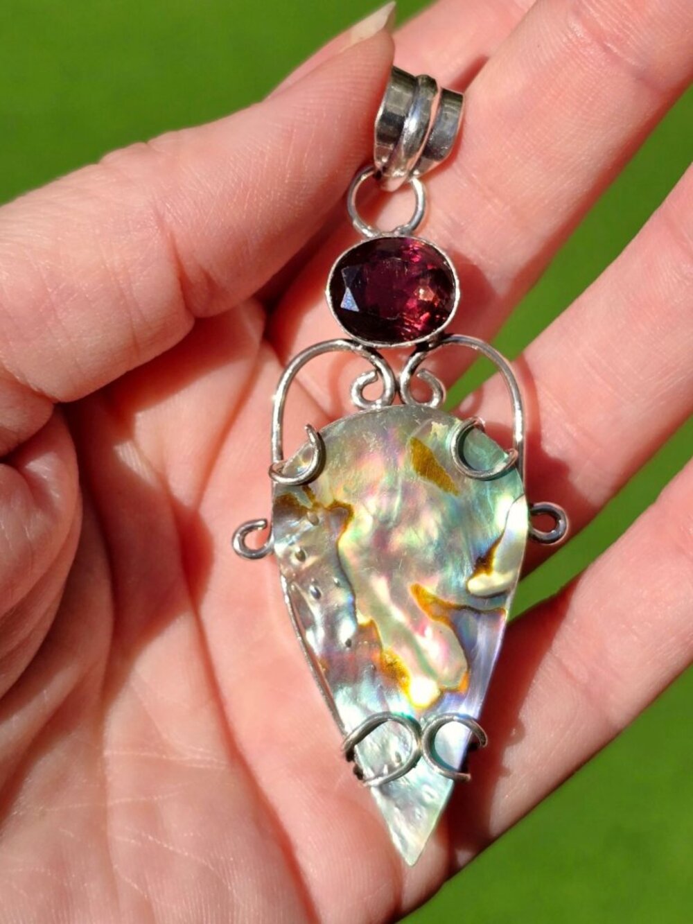 Hand Crafted ✦ Abalone Garnet Sterling Silver Pendant ✦ Boho Natural Shell Gem - Picture 5 of 10